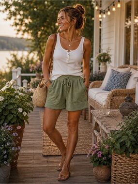 NWT Umgee boutique Sage Green Textured Drawstring Shorts Sz L
